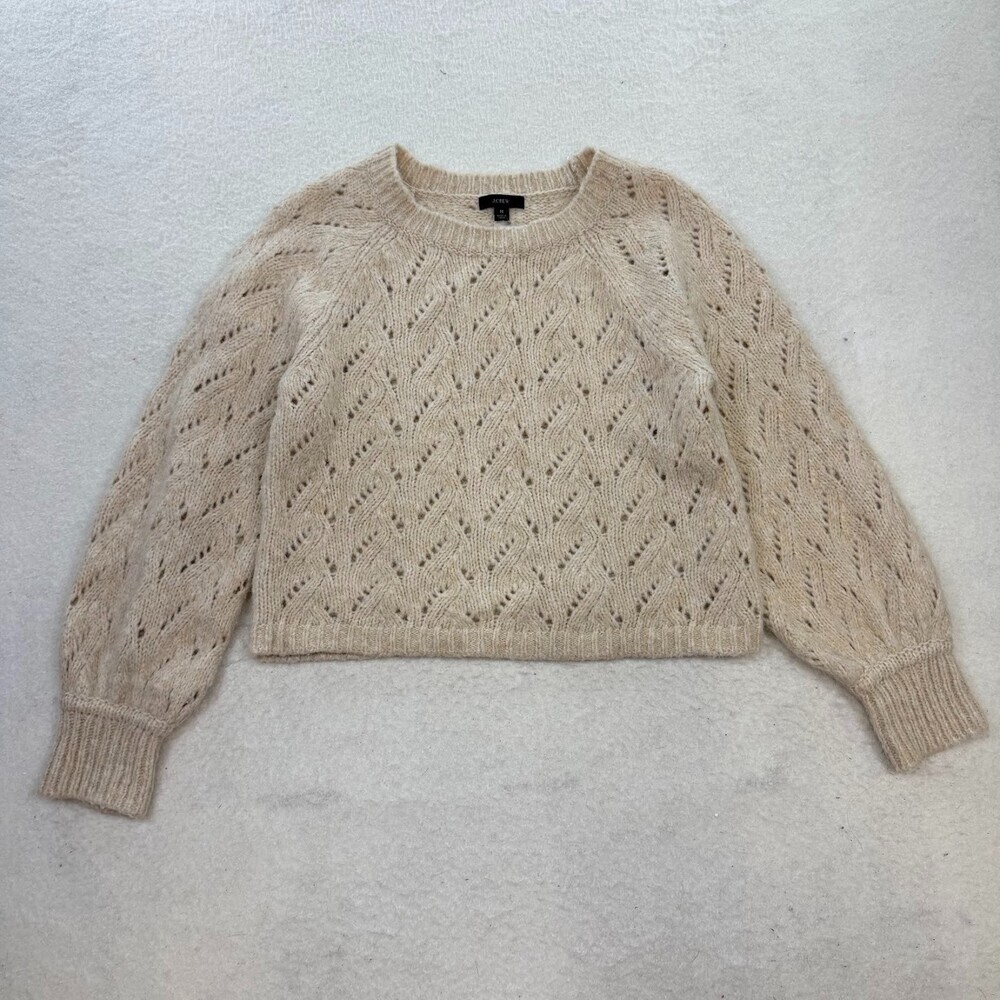 J.Crew Women's Pointelle Crewneck Knit Wool Blend Pullover Sweater Natural Sz M - Picture 1 of 7